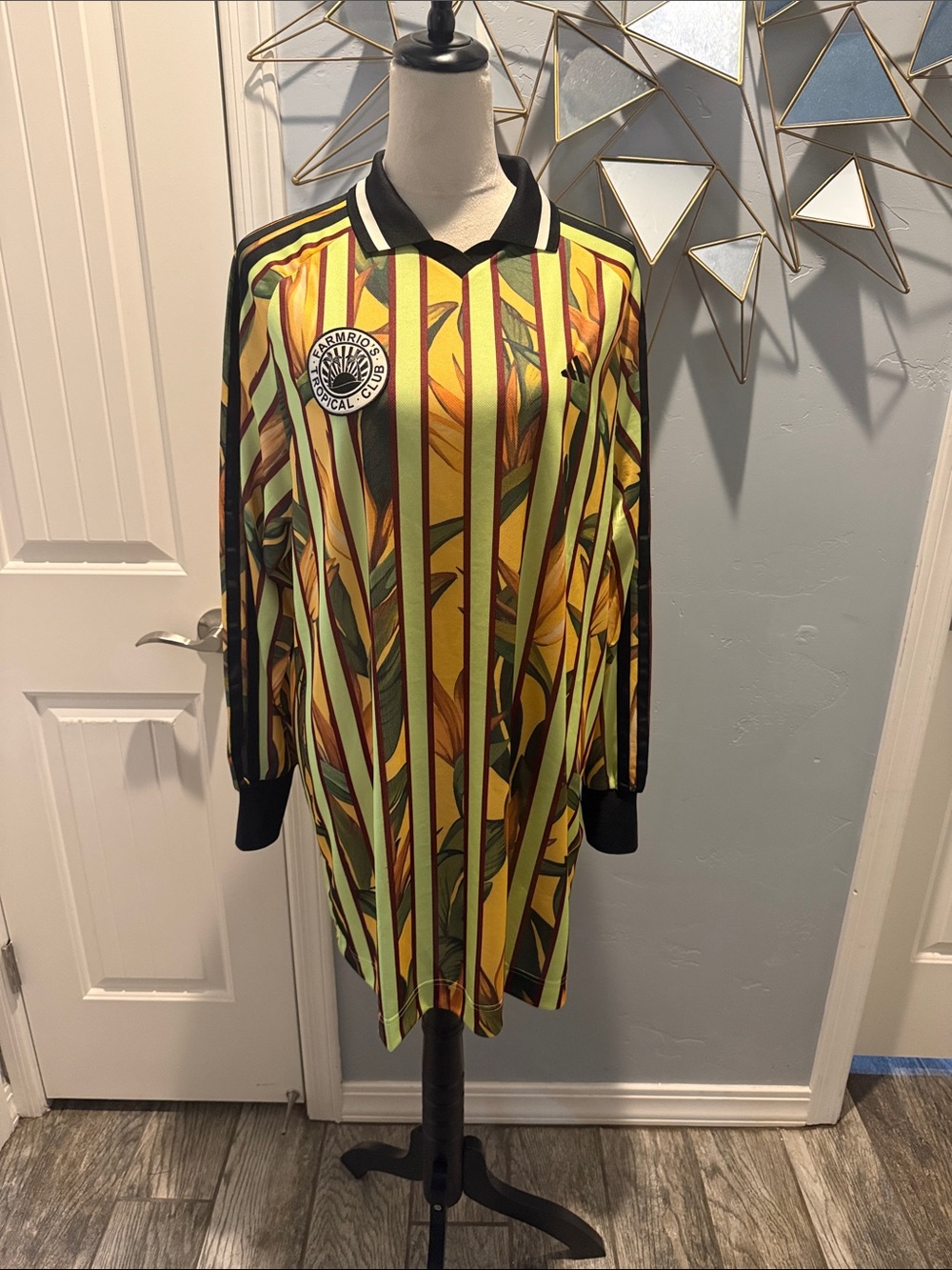 FARM Rio Yellow & Green Tropical-Striped Long-Sleeve Dress